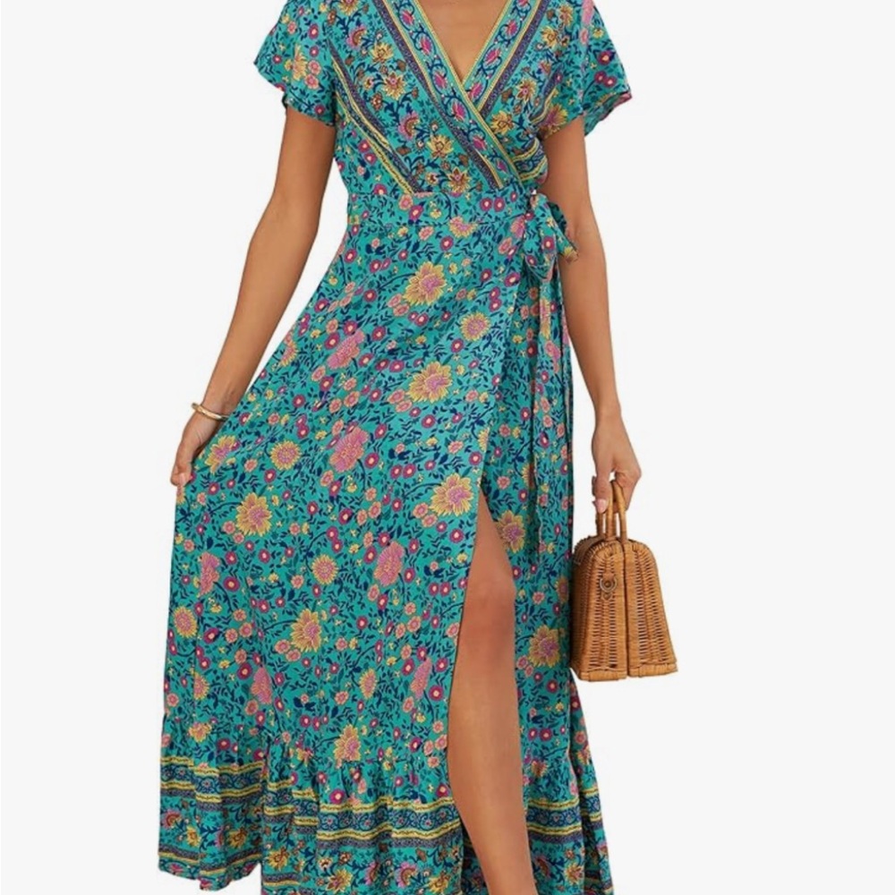 ZESICA Women's Bohemian Floral Printed Wrap V Neck Maxi Dress